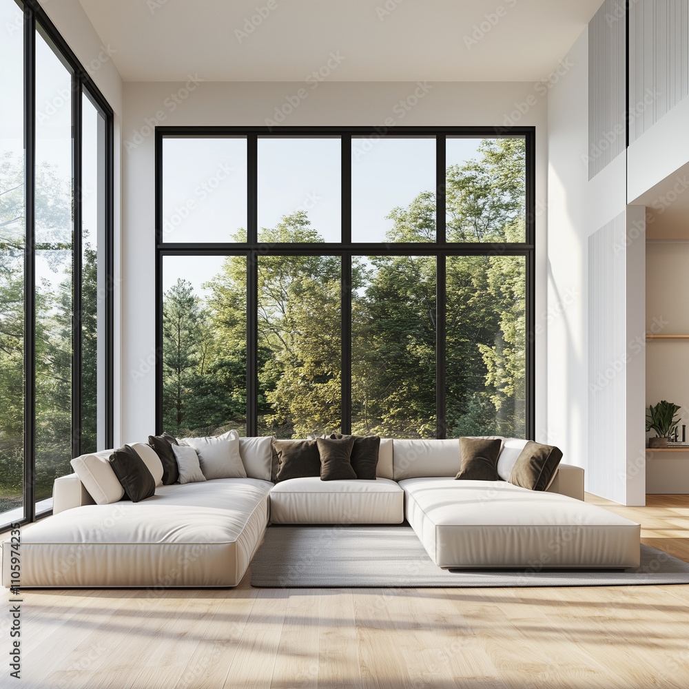 Minimalist home interior design of spacious modern living room with a sectional sofa and large windows. . Minimalist home interior design of spacious modern living room with a sectional sofa and large windows. .