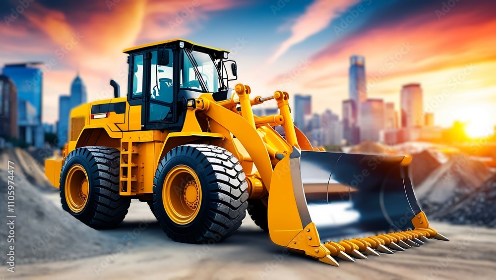 Heavy-Duty Yellow Bulldozer at Construction Site with City Skyline. Heavy-Duty Yellow Bulldozer at Construction Site with City Skyline.