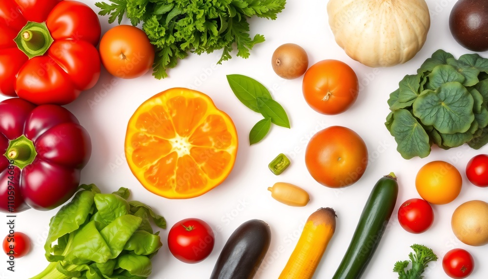 Vibrant fruits and vegetables on white background Vibrant fruits and vegetables on white background