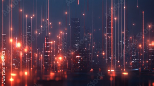 A futuristic cityscape illuminated by glowing lines and particles, suggesting advanced technology.