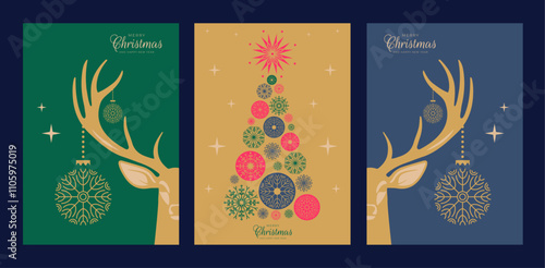 Minimalistic New Year cards in green, gold, blue colors set with decorated Christmas tree and Christmas reindeer. Vector design template for cover, greeting card, invitations, print, poster, a4