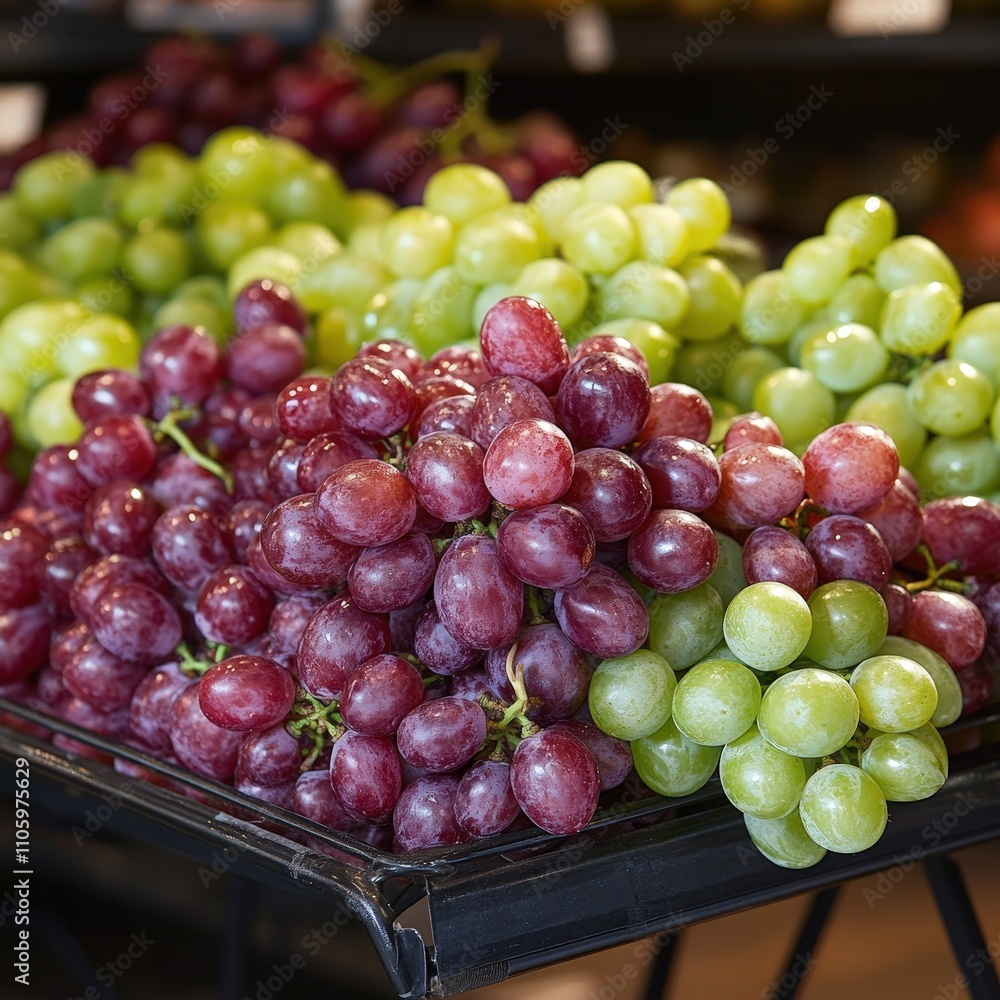 A Vibrant Display of Fresh Red and Green Grapes in a Market Stall, Perfect for Healthy Eating, Recipes, and Fruit Enthusiasts Enjoying Nature's Sweet Treats A Vibrant Display of Fresh Red and Green Grapes in a Market Stall, Perfect for Healthy Eating, Recipes, and Fruit Enthusiasts Enjoying Nature's Sweet Treats