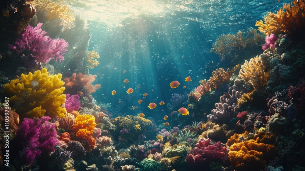 Naklejka premium Environmental non-profit campaign featuring coral reefs and marine life, underwater scenes with vibrant colors, message on ocean conservation and plastic-free future