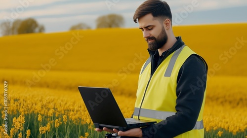 Young Technician in Safety Vest Using Laptop in a Picturesque Yellow Field During Spring photo