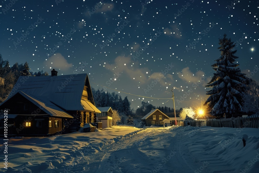 Night view of a peaceful Ukrainian village covered in snow in winter Night view of a peaceful Ukrainian village covered in snow in winter