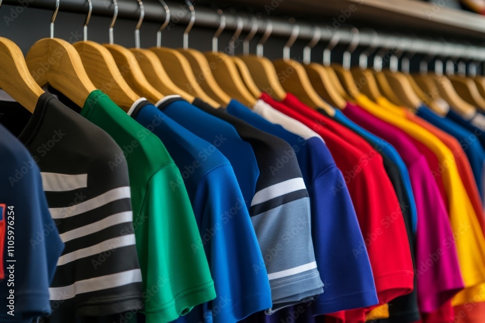 Fototapeta premium Vibrant T-Shirts on Hangers Displaying a Colorful Array in Clothing Store