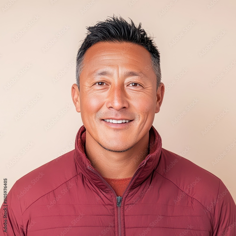 Portrait of a cheerful Bhutanese man in a maroon jacket smiling warmly Portrait of a cheerful Bhutanese man in a maroon jacket smiling warmly
