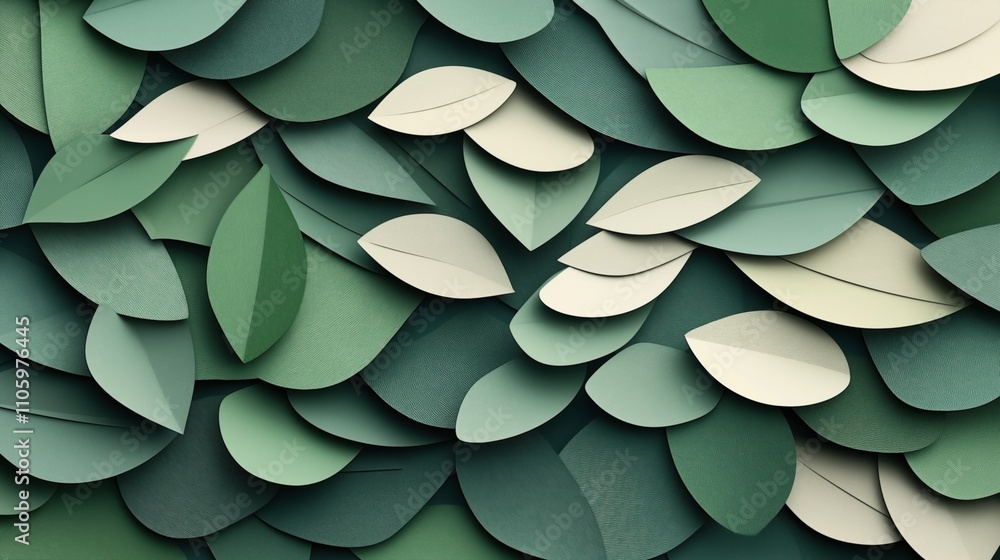Abstract composition of overlapping green and beige paper cutout leaves creating a layered texture Abstract composition of overlapping green and beige paper cutout leaves creating a layered texture