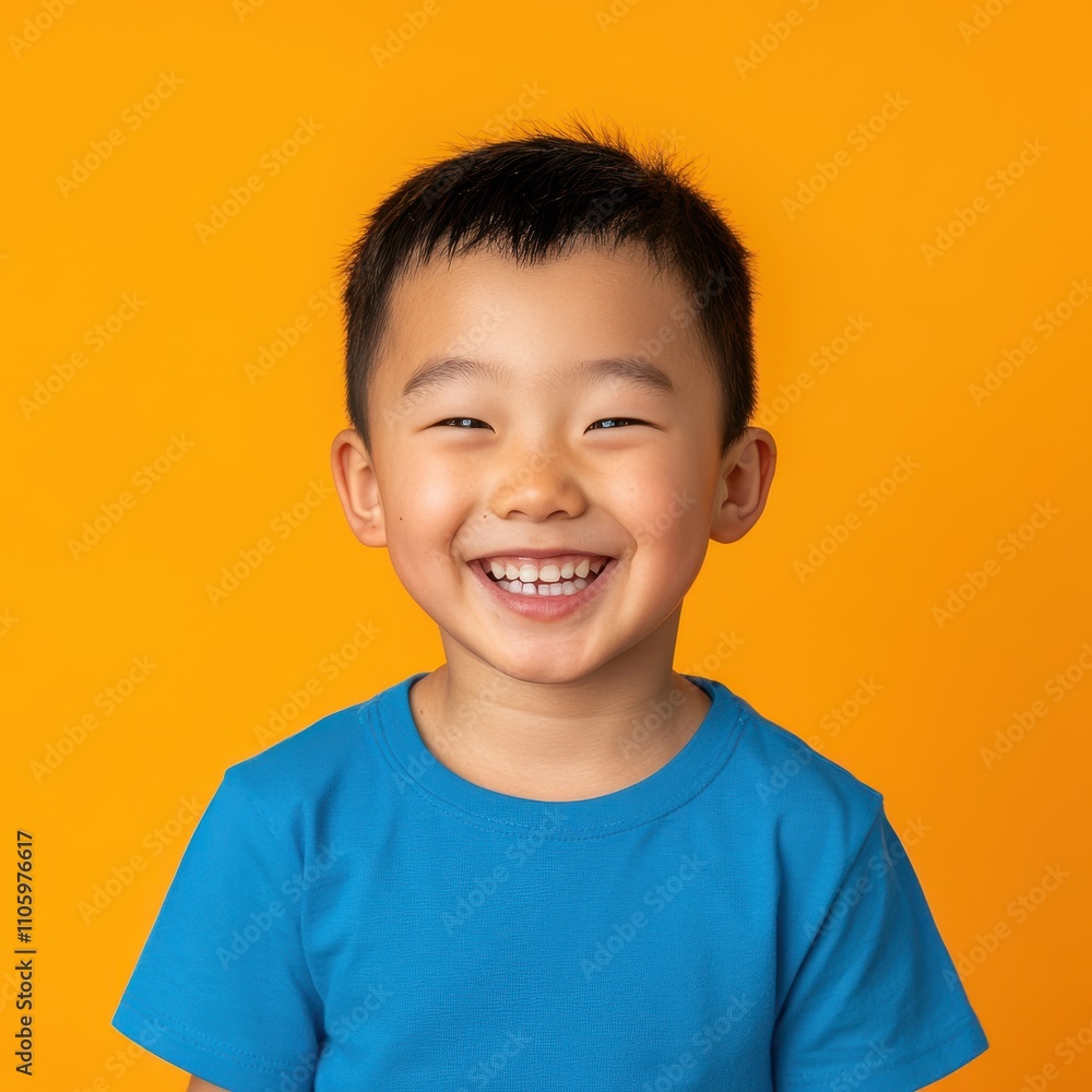 Smiling Mongolian child in blue shirt against vibrant orange background Smiling Mongolian child in blue shirt against vibrant orange background