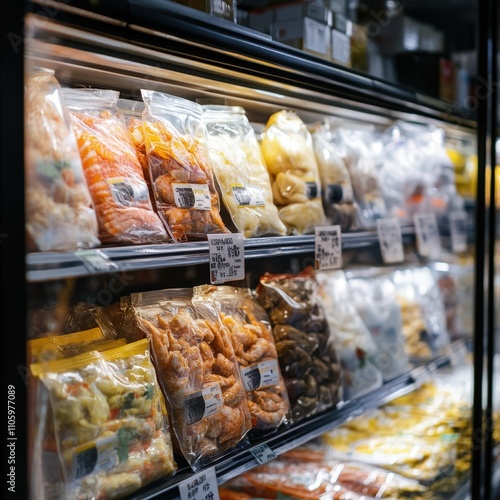 Colorful Display of Various Frozen Seafood in a Grocery Store Freezer, Featuring Shrimp, Fish Fillets, and Other Seafood Products in Plastic Packaging