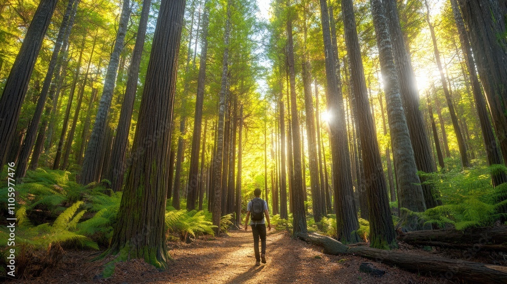 Obraz premium Forest therapy concept, individual walking among tall trees, soft sunlight filtering through leaves, focus on restorative effects of nature on mental health