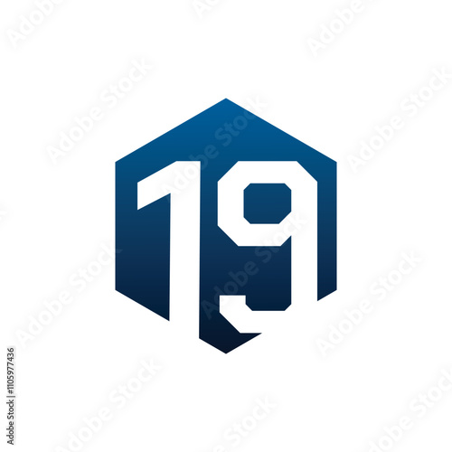 Number nineteen vector logo symbol in the dark blue hexagonal on white background. Vector template for your design