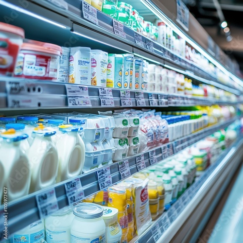 Display of Refrigerated Dairy Products in a Supermarket Aisle Highlighting Cream, Milk, Yogurt, and Various Containers with Bright Lighting and Organized Shelves