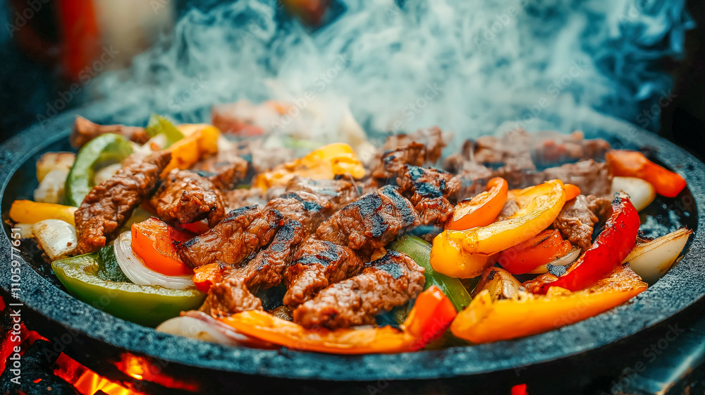 Enjoy the vibrant fusion of smoky grilled meat and fresh bell peppers, sizzling together in perfect harmony on a hot plate, creating a mouthwatering culinary delight. Enjoy the vibrant fusion of smoky grilled meat and fresh bell peppers, sizzling together in perfect harmony on a hot plate, creating a mouthwatering culinary delight.
