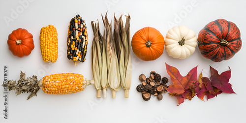 Autumn Harvest Flat Lay with Pumpkins, Corn, and Leaves on White Background photo