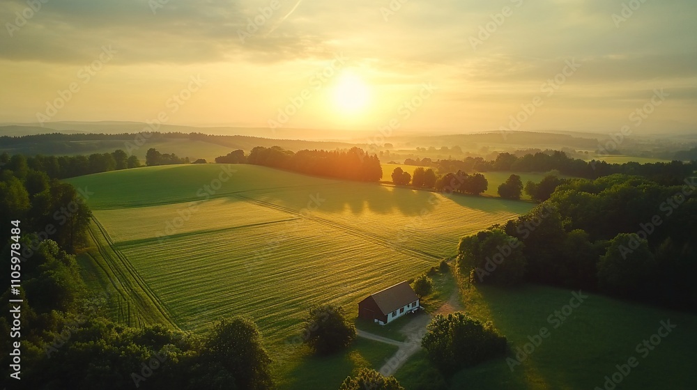 Naklejka premium Aerial view of sunrise over rural landscape with farmhouse.
