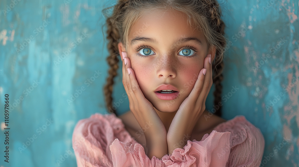 Close-up of a young blond and slightly tanned teenage girl with blue eyes and pigtails. She has a stunned expression. Light blue background. Close-up of a young blond and slightly tanned teenage girl with blue eyes and pigtails. She has a stunned expression. Light blue background.