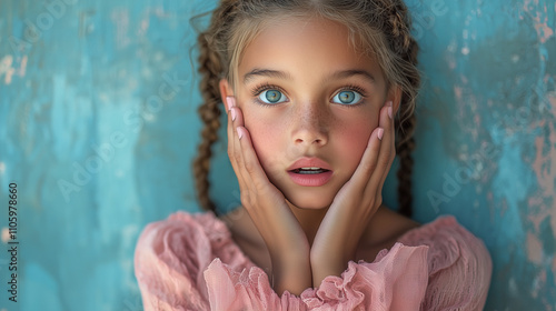 Close-up of a young blond and slightly tanned teenage girl with blue eyes and pigtails. She has a stunned expression. Light blue background.