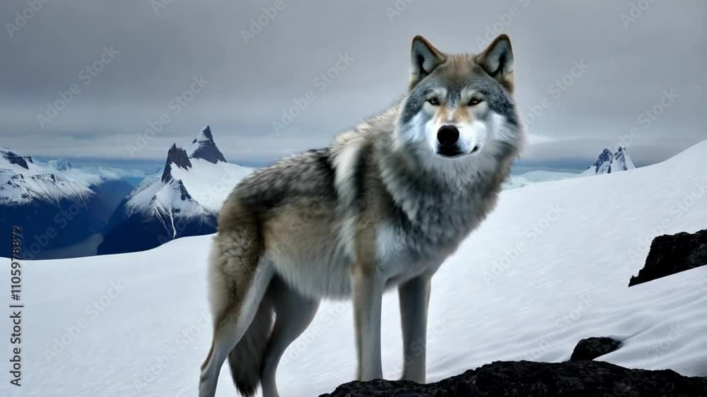 A lone Arctic wolf stands on a snow-covered cliff, overlooking a majestic mountain range during a snowfall, creating a striking winter wonderland scene. Video made using Generative AI. A lone Arctic wolf stands on a snow-covered cliff, overlooking a majestic mountain range during a snowfall, creating a striking winter wonderland scene. Video made using Generative AI.