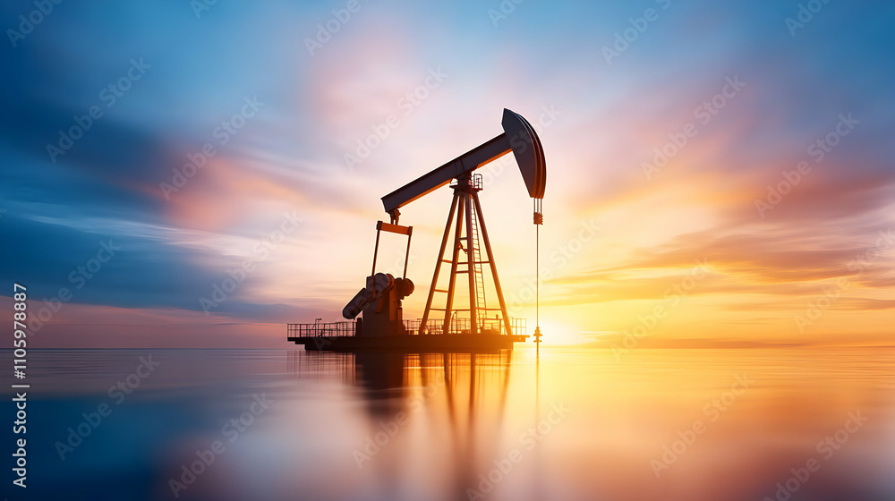 Working Pumpjacks On Sunrise. Silhouette of oil pump jack on rig. Oil drilling company growth Working Pumpjacks On Sunrise. Silhouette of oil pump jack on rig. Oil drilling company growth