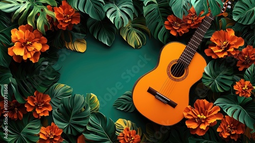 National Hispanic heritage month festival banner with ethnic floral ornament, vector background. Hispanic Americans culture, tradition and art heritage in ethnic ornament sombrero, guitar and flowers photo