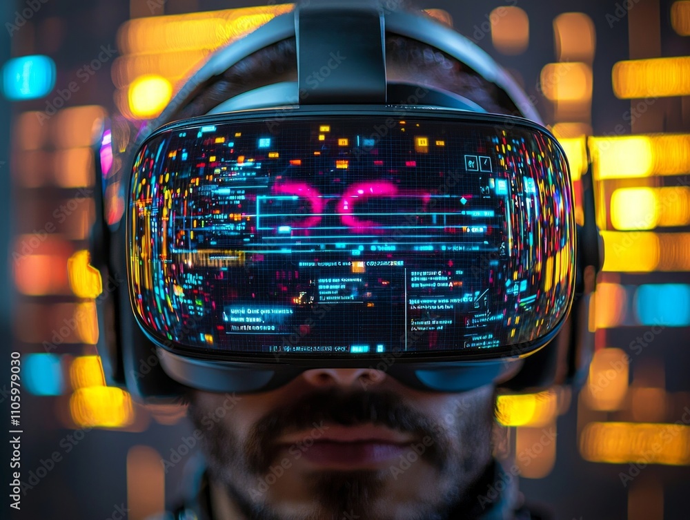 person fully immersed virtual reality experience wearing advanced goggles display vibrant glowing interface. surrounding environment appears futuristic and engaging. person fully immersed virtual reality experience wearing advanced goggles display vibrant glowing interface. surrounding environment appears futuristic and engaging.
