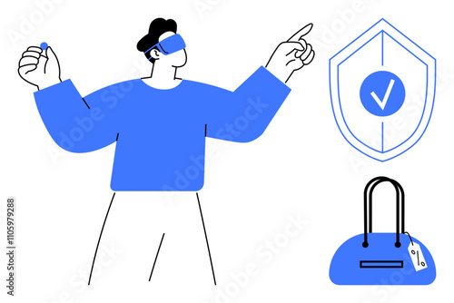 Person using virtual reality headset, hand pointing, shield with check mark, handbag with price tag. Ideal for technology, security, e-commerce, retail virtual shopping protection innovation. Line