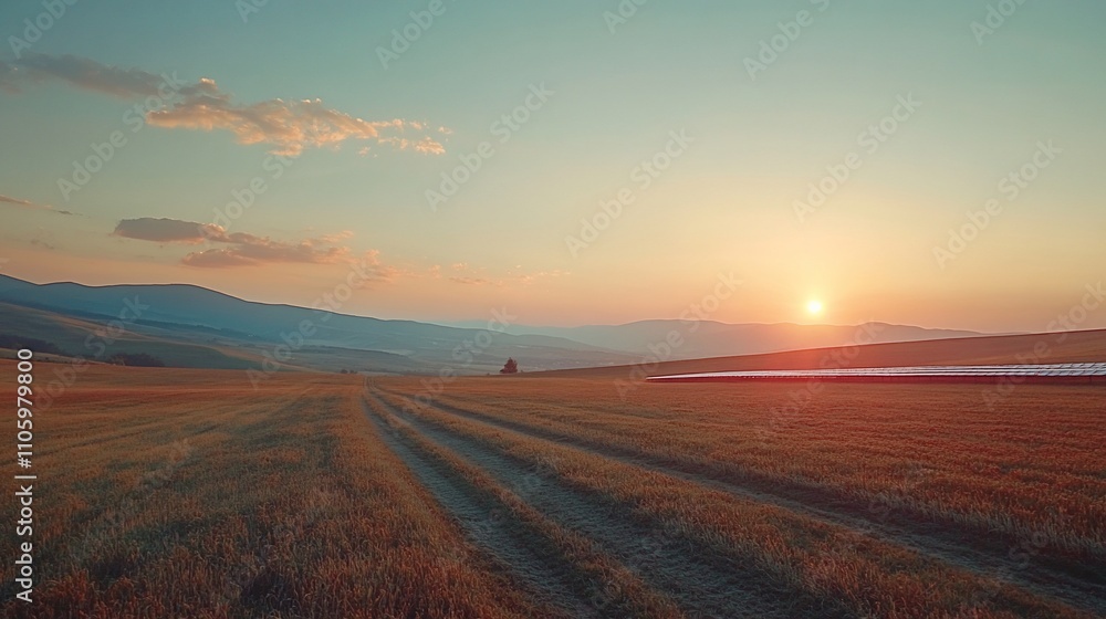 Sunset over rural field with tire tracks and distant mountains. Sunset over rural field with tire tracks and distant mountains.
