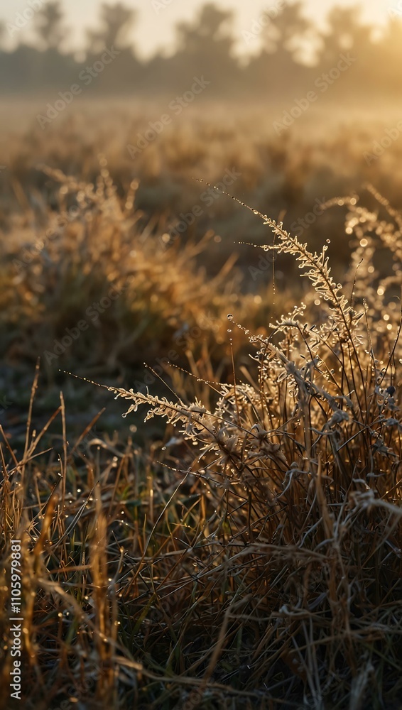 Obraz premium Dry grass in a foggy field at dawn with dewdrops and cobwebs.