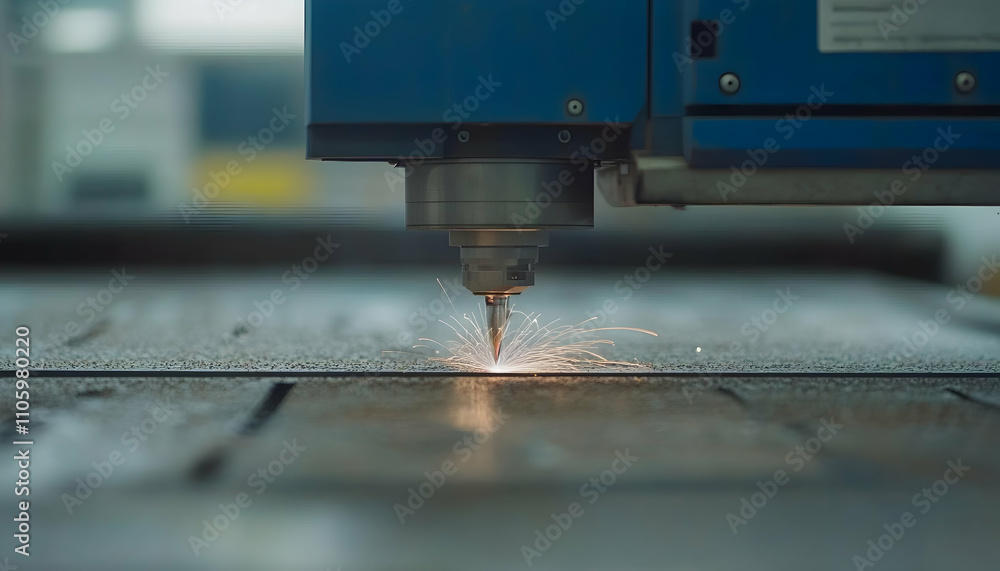 Precision laser cutting machine in action, sparks flying from metal sheet. Industrial technology, manufacturing process. Precision laser cutting machine in action, sparks flying from metal sheet. Industrial technology, manufacturing process.