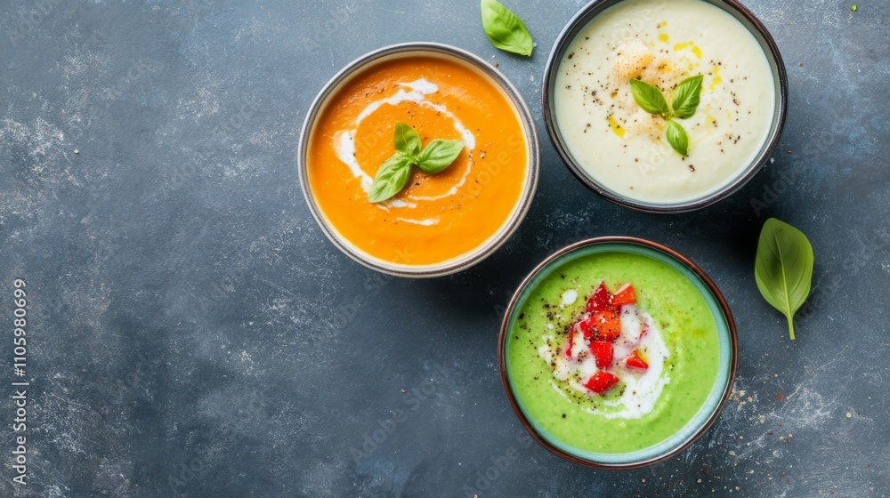 Vibrant Trio of Creamy Soups: Tomato, Cauliflower, and Broccoli with Fresh Basil Garnish Vibrant Trio of Creamy Soups: Tomato, Cauliflower, and Broccoli with Fresh Basil Garnish