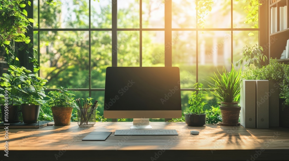 Study of natural light effects in workspace design, large windows overlooking green scenery, calm atmosphere, focus on how nature reduces stress and improves productivity Study of natural light effects in workspace design, large windows overlooking green scenery, calm atmosphere, focus on how nature reduces stress and improves productivity