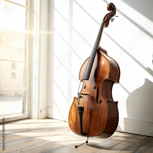 A double bass with warm wood tones, standing tall, producing deep,