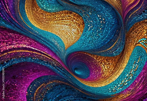 Vibrant swirling patterns of colorful tiles create an abstract art piece in a modern design