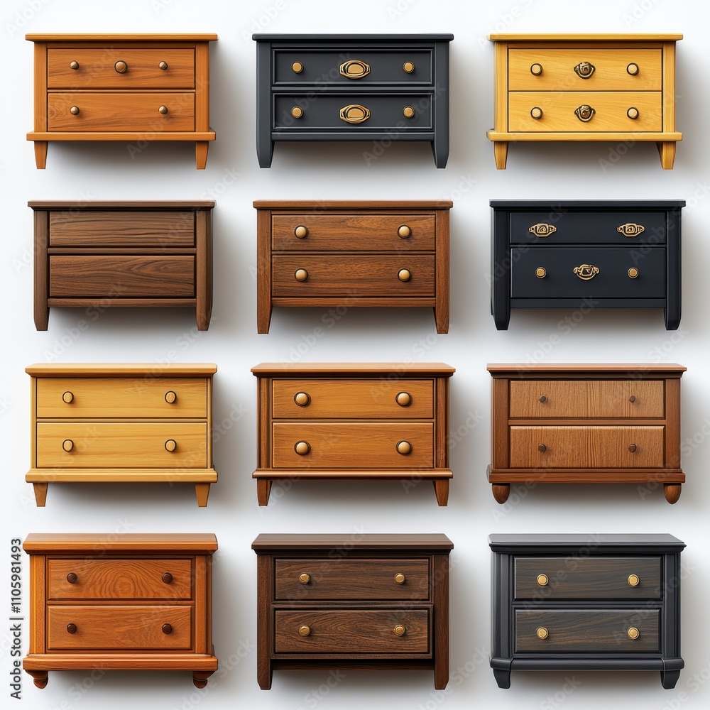 Fototapeta premium A set of various (Nightstands) in full detail, isolated on a transparent background.