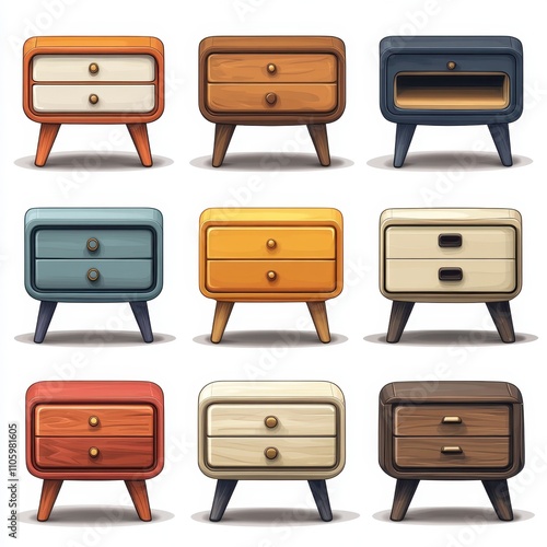 A set of various (Nightstands) in full detail, isolated on a transparent background. 