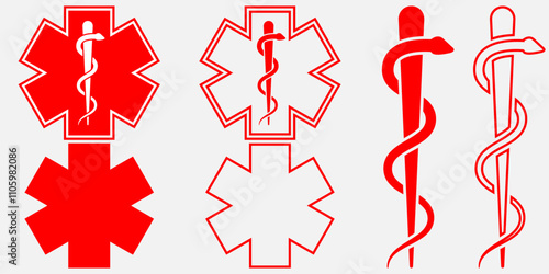 Vessel or cup of Hygieia. Bowl and snake icon. Medical symbol icons set. Symbol of medicine or poison, hospital, medication or pharmacy. Isolated on white background. Vector illustration.