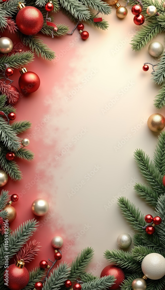 An elegant design featuring a festive border adorned with red and gold ornaments and pine greenery, perfect for holiday invitations. An elegant design featuring a festive border adorned with red and gold ornaments and pine greenery, perfect for holiday invitations.