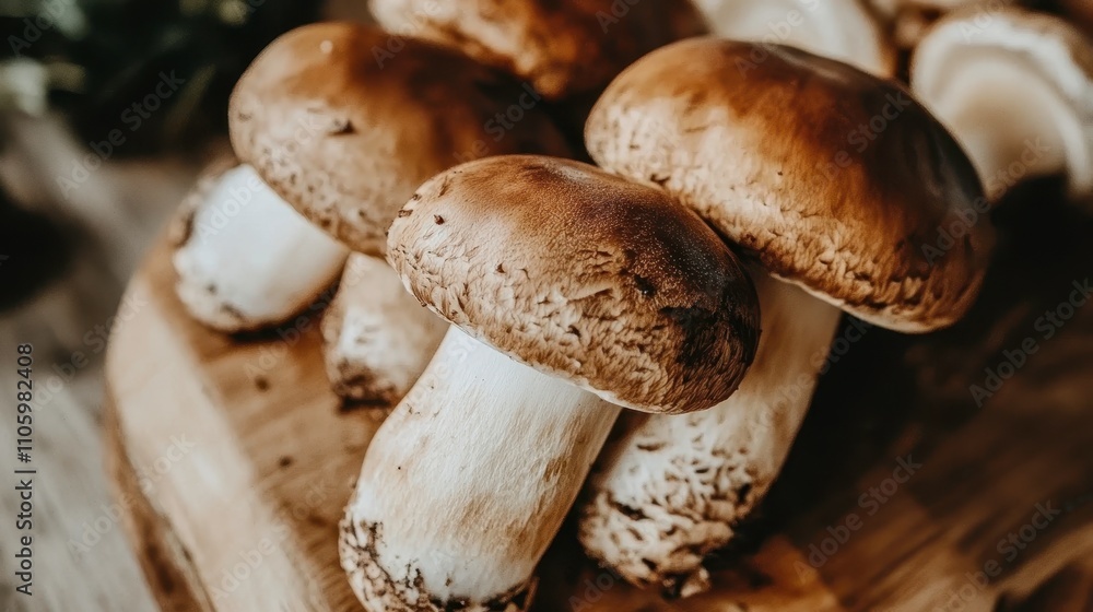 Freshly Picked Mushrooms on Wooden Surface Freshly Picked Mushrooms on Wooden Surface