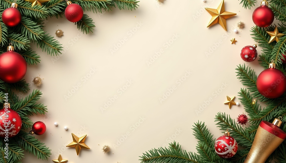 A charming festive frame adorned with red and gold ornaments, perfect for holiday greetings and cards. A charming festive frame adorned with red and gold ornaments, perfect for holiday greetings and cards.