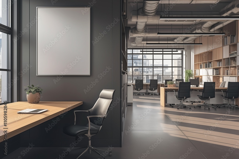Empty modern office with blank posters on the wall Empty modern office with blank posters on the wall