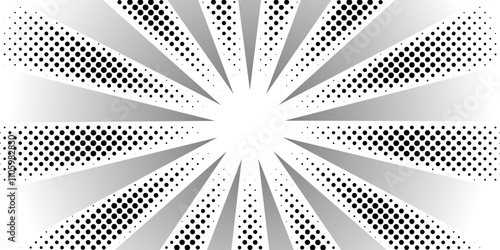 Sunrays halftone in black and white. Cartoon cute retro Strip pattern. Vector halftone illustration. Vintage background for comic effect.