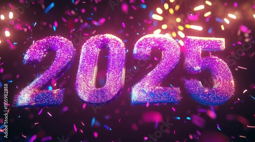 Animated "2025" text with falling confetti and fireworks for a vibrant New Yeara??s Eve celebration