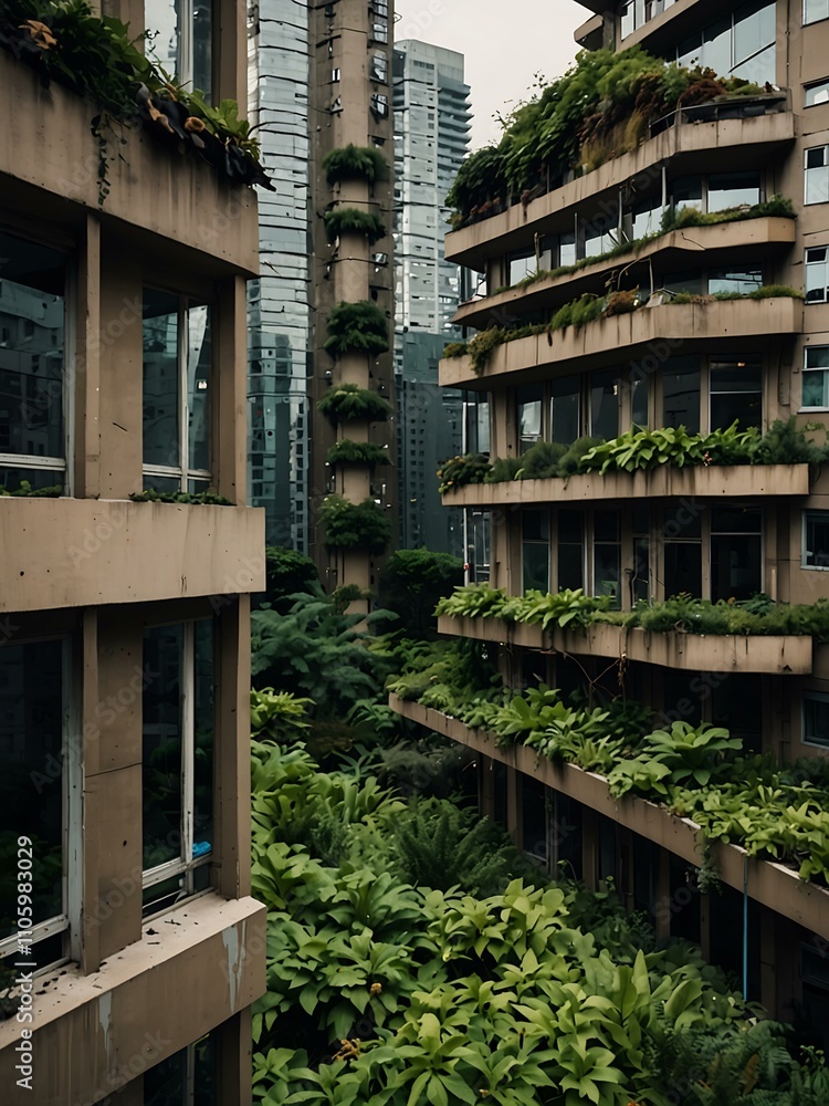 Fototapeta premium Dystopian city reclaimed by evolving plants.
