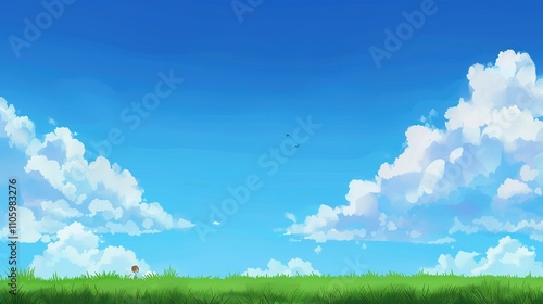 Blue Sky and White Clouds with Grass Background Image