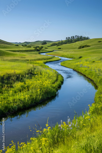 Serene River Flowing Through Lush Meadows Under Clear Blue Sky with Vibrant Wildflowers