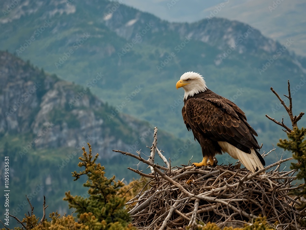 Fototapeta premium Eagle on its nest atop a mountain.