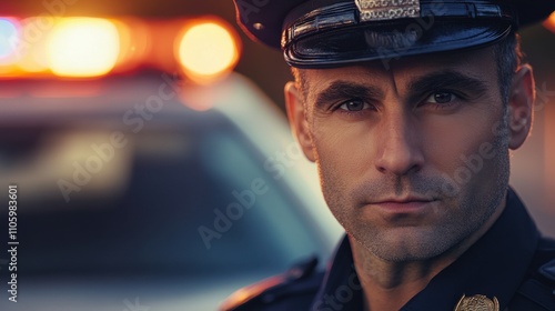 Police officer stands confidently near patrol car during dusk hours in urban setting