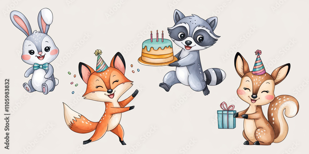 Naklejka premium Woodland Animal Celebration with Five Cute Creatures