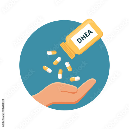 DHEA supplements. Vector illustration of a hand catching DHEA capsules falling out of a bottle. Concept of health, hormone therapy and supplements for wellness and healing.